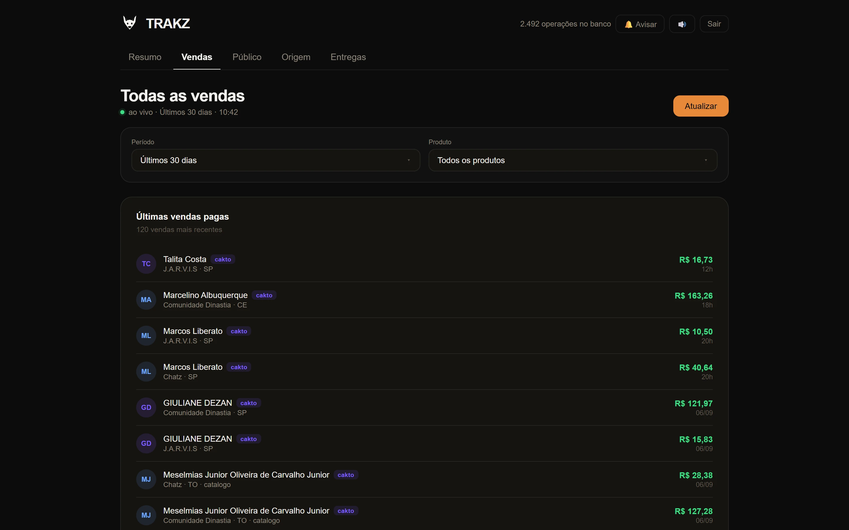 Lista das últimas vendas com status e valor