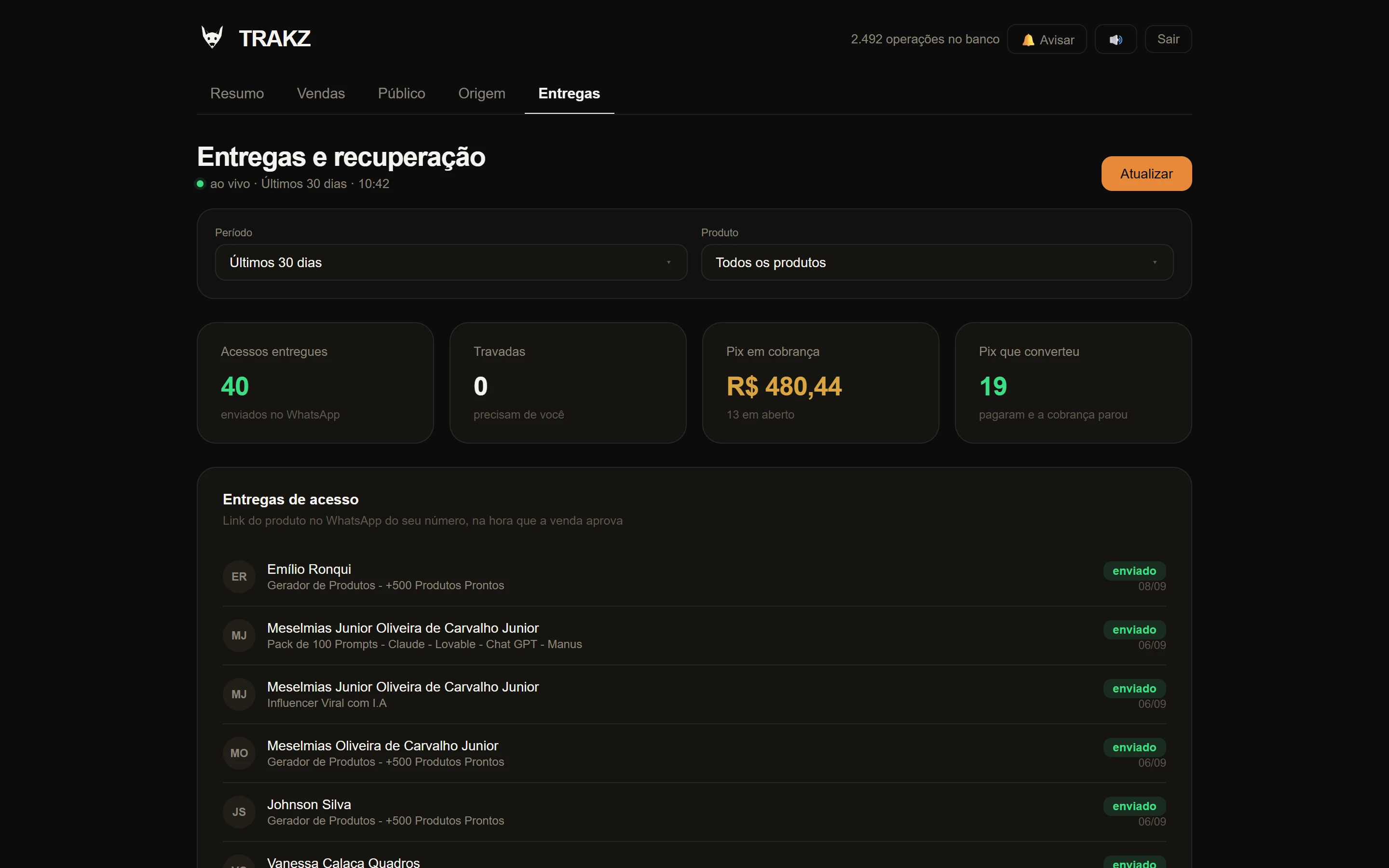 Aba de entregas de acesso e recuperação de pix